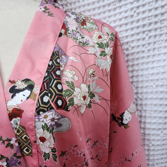 Vintage Made in Japan Bold Floral Kimono Dressing Gown Robe Coat OS Polyester - Picture 12 of 16